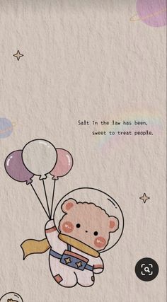 an astronaut teddy bear flying through the sky with balloons