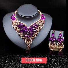 Elegant Vintage Crystal Jewelry Set – Vanity Glam Purple Crystal Jewelry Sets For Wedding, Elegant Purple Bridal Necklace For Wedding, Elegant Crystal Sets For Gifts, Elegant Purple Jewelry Sets For Wedding, Elegant Crystal Sets For Wedding, Crystal Bridal Jewelry Sets, Bride Jewelry Set, Rhinestone Jewelry Set, Flower Statement Necklace