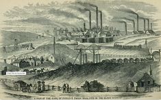 an old black and white drawing of factories