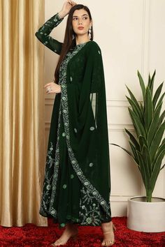 Buy Green Georgette Embroidered Gown Style Online - KARMAPLACE – Karmaplace Green Long Sleeve Anarkali Set With Floral Embroidery, Green Georgette Dresses With Floral Embroidery, Green Dress With Floral Embroidery For Reception, Green Floral Embroidered Evening Gown, Evening Gown With Floral Embroidery In Green, Green Floor-length Set With Floral Embroidery, Green Floor-length Sets With Floral Embroidery, Green Floral Embroidery Floor-length Dress Set, Embroidered Maxi Dress For Reception