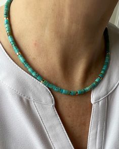 Turquoise Rondelle Beaded Necklaces As Gift, Gift Turquoise Necklace With Gemstone And Heishi Beads, Gemstone Choker Necklace, Blueish Green, Gemstone Choker, Natural Lighting, Heishi Beads, Genuine Turquoise, Unisex Jewelry