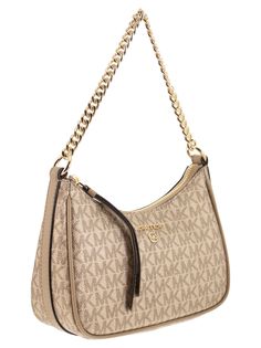 69% Coated canvas, 17% Polyester, 13% Cotton, 1% Polyurethane Finish: 100% Leather Lining: 100% Polyester | Michael Kors Women's Jet Set Charm Small Shoulder Bag With Logo in Camel | FW23/24 American Fashion Designers, Small Shoulder Bag, Kors Jet Set, Trendy Accessories, Luxury Retail, Michael Kors Jet Set, Jet Set, Gold Tone Metal, Luxury Boutique