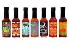 six different types of hot sauces in glass bottles on a white background, each with an individual's own logo