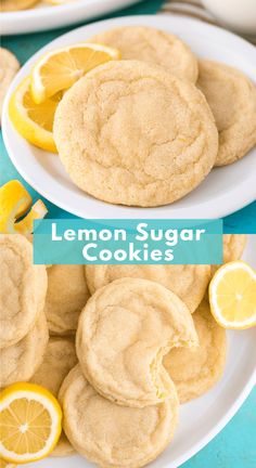 lemon sugar cookies on white plates with text overlay