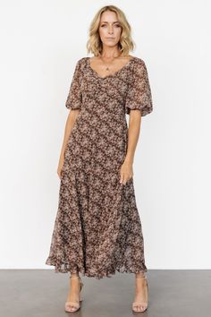 Camryn Maxi Dress | Brown Floral - Baltic Born Brown Flowy Maxi Dress With Smocked Bodice, Brown Floral Print Dress With Square Neck, Elegant Brown Floral Print Maxi Dress, Brown Floral Print Maxi Dress For Garden Party, Chic Brown Chiffon Maxi Dress, Casual Brown Chiffon Dress, Chic Brown Floral Print Maxi Dress, Flowy Brown Chiffon Maxi Dress, Flowy Brown Floral Print Maxi Dress