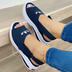 Product Parameters: Upper Material: PU Leather Toe Shape: Round-Toe Occasion: Casual, Party Outsole Material: Rubber Heel height: Low Heels（1-3cm） Shoe Width: Medium Shoe Style: Sandals Season: Spring, Summer, Autumn Sole Hardness: Soft Size Chart: 1.Please select a suitable size depending on your foot length. 2.Once you know your foot length, consult the Size Chart to determine which  size you should purchase. Comfortable Wedges Sandals, Comfortable Wedges, Roman Sandals, Comfy Sandals, Shoes Summer, Fashion Weeks, Blue Sandals, Rubber Heels, Casual Party