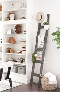 a ladder leaning up against a wall in a living room