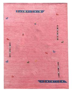 a pink rug with animals on it and blue trim around the edges, in front of a white background