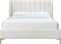 a bed with white sheets and pillows on top of it's headboard, in front of a white background