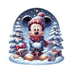 mickey mouse in the snow surrounded by christmas trees