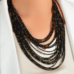 Black Beaded Layered Necklace For Women Length - 19.7” - 22.4” Cheap Black Long Beaded Necklace, Party Multi-strand Beaded Necklace With Black Beads, Black Necklaces With Round Gold Beads, Black Beaded Chain Necklaces For Evening, Multi-strand Black Beads For Party, Black Beaded Necklace With Gold Beads For Party, Polished Black Beads For Long Necklace, Elegant Black Multi-strand Beaded Necklaces, Black Polished Long Necklace Beads