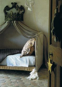 a dog is sitting on the floor in front of a bed with a canopy over it