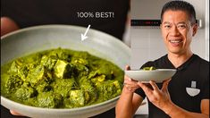 a man holding a white bowl filled with green food next to an image of a bowl full of broccoli