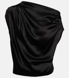 Draped one-shoulder silk top in black - The Sei | Mytheresa Elegant One-shoulder Silk Blouse, Elegant One Shoulder Silk Blouse, One-shoulder Silk Blouse For Party, One-shoulder Silk Top For Formal Occasions, Chic Draped Satin Top, Silk Draped Evening Tops, One Shoulder Silk Top For Formal Occasions, Asymmetrical Satin Top For Night Out, Draped Satin Top For Evening