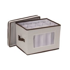 a white and brown storage box with compartments