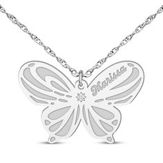 Treat Mom to a personalized necklace that celebrates her most cherished ones. 14K white gold The detailed butterfly pendant is centered with a diamond accent Add one to four names to the design 16- to 18-inch adjustable rope chain with spring ring clasp Detailed Butterfly, Mens Gemstone Rings, Wedding Ring Necklaces, Accessories Jewelry Necklace, Butterfly Pendant, Gold Diamond Rings, Personalized Necklace, Gold Platinum, Jewelry Rings Engagement