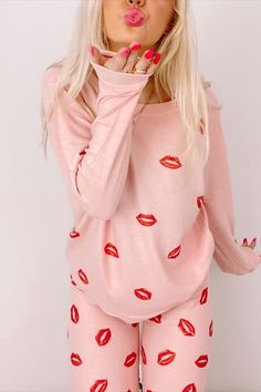 Kiss Kiss Lip Pajama Set from Sassy Shortcake Playful Long Sleeve Sleep Top, Playful Long Sleeve Tops With Matching Set, Cute Graphic Print Long Sleeve Sets, Cute Long Sleeve Sets With Graphic Print, Pink Graphic Print Top For Pajama Party, Playful Relaxed Fit Tops For Pajama Party, Playful Matching Set Top For Pajama Party, Casual Matching Set Tops For Sleepover, Trendy Cotton Tops For Pajama Party