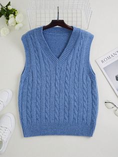 Plus Size Women V-Neck Ribbed Cable Knit Tank Sweater Vest, Fall/Winter Blue Casual   Knitwear Plain  High Stretch  Women Plus Clothing, size features are:Bust: ,Length: ,Sleeve Length: Tank Sweater, Casual Knitwear, Winter Blue, Simple Fits, Knit Tank, Inspiration Mode, Kids Sleepwear, Trendy Colors, Knit Tanks