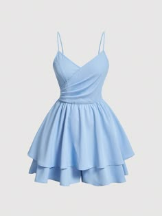 Solid Ruffle Hem Cami Romper Baby Blue Casual  Sleeveless Woven Fabric Plain Cami Non-Stretch  Women Clothing, size features are:Bust: ,Length: ,Sleeve Length: Plus-koon Muoti, Baby Blue Dresses, Cute Homecoming Dresses, Cute Short Dresses, Cami Romper, Cute Dress Outfits, Pretty Prom Dresses, كريستيانو رونالدو, Grad Dresses