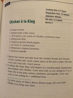 an open book with instructions on how to cook chicken in the kitchen and what to put in it