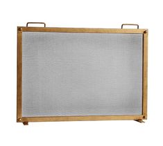 a metal and wood fireplace screen on a white background