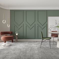 a living room with green walls and two chairs in front of a white dining table