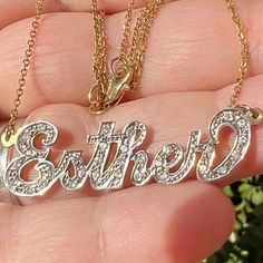 This Beautiful Esther Name Plate Necklace Was Custom Made In The Early 2000’s In The Jewelry District In Nyc, That Skilled Jeweler Has Retired Since. The Necklace Is Approximately 20-21” Long With Tiny Beautifully Sparkling Pave Diamonds ( No Carat Weight Available) Very Secure Lobster Lock. Stamped 14k On The Lock, Also Fully Tested In Several Places To Confirm. Please Find Weight & Measurements In Pictures As Part Of Description. Price Is Very Firm & Not Negotiable, Sorry! Stunning Vintage Custom Made Name Esther Necklace! Esther Name, Name Plate Necklace, Plate Necklace, Make Color, Name Plate, Pave Diamonds, Womens Jewelry Necklace, Gold Diamond, Silver Gold