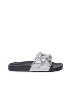 Polyurethane upper, insole Rubber sole Slip-on styling Imported | Rylee Slide Sandals by Bernardo in Silver, Women's, Size: 7, Rubber/Polyurethane at Anthropologie Synthetic Slide Sandals With Textured Sole, Synthetic Open Toe Slides With Rubber Sole, Synthetic Slides With Textured Sole And Flat Heel, Cushioned Open Toe Synthetic Slippers, Slip-on Synthetic Sandals With Cushioned Footbed, Slip-on Sandals With Cushioned Footbed, Open Toe Slides With Textured Footbed, Synthetic Slide Slippers With Removable Insole, Silver Footbed Sandals With Removable Insole And Round Toe