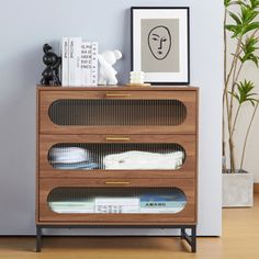 a wooden dresser with three drawers in front of a plant and pictures on the wall