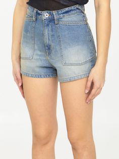 High-waisted shorts in washed-out light-blue denim with visible stitching. It features zip and button closure, five-pocket design and belt loops. Kenzo label at the back. The model is 180cm tall and wears size 26. Size nationality: US Product number: 37292697 Product code: FD52DS2246B3DY Composition: 100% cotton Visible Stitching, Platform Wedge Heels, Loafer Sneakers, Blue Denim Shorts, Light Blue Denim, Premium Brands, Dress With Cardigan, Clothes Collection, Cardigan Jacket