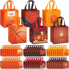 an assortment of bags with basketballs on them are shown in orange and black colors