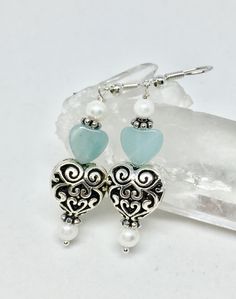 Amazonite and freshwater pearl earrings, heart earrings, pearl jewelry, amazonite earrings, blue stone earrings, June, healing stone by ItsMyCreativeNature on Etsy https://www.etsy.com/listing/610489483/amazonite-and-freshwater-pearl-earrings Blue Stone Earrings, Blue Stones Jewelry, Amazonite Earrings, Amazonite Jewelry, Healing Stones Jewelry, Bead Earring, Simple Crafts, Semiprecious Stone Jewelry, Beaded Earring