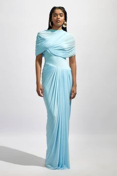 Buy Blue Net Solid High Neck Draped And Pleated Maxi Dress For Women by Deme by Gabriella Online at Aza Fashions. Baby Blue Maxi Dress, Pleated Drapes, Blue Maxi Dress, Draped Top, Lingerie Outfits, Blue Maxi, Pleated Maxi Dress, Outfit Look, Dresses By Length