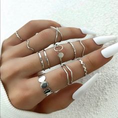 10 Piece Set Material: Alloy Multiple Sizes Midi Rings Silver, Ring Party Jewelry, Knuckle Ring, Finger Rings, Rings For Girls, Hand Jewelry, Trendy Jewelry, Pretty Jewellery, Ring Vintage