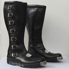 Description: Made with real leather Real leather tough sole Metal buckle and plates Completely handmade Making and Shipping time: These boots take around 4-5 weeks to be made. Generally, they are delivered within 3-5 days after dispatching. They will be shipped by USPS, FedEx, DHL or any other courier. Selecting your size: Choose any size that you think would be best. I will contact you if more information is required. Returns: Returns are accepted! As this is a custom made and expensive item, p Punk Leather Boots With Rubber Sole, Punk Leather Boots With Leather Sole, Custom Leather Boots With Snip Toe, Custom Leather Snip Toe Boots, Custom Snip Toe Leather Boots, Gothic Leather Boots With Buckle Closure, Leather Boots With Rivets And Snip Toe, Gothic Leather Moto Boots With Metal Feet, Leather Boots With Rivets For Cosplay