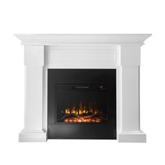 an electric fireplace with a white mantle and fire logs in the center, against a white background