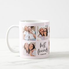 a white coffee mug with four different photos on the front and side, which says best friends forever