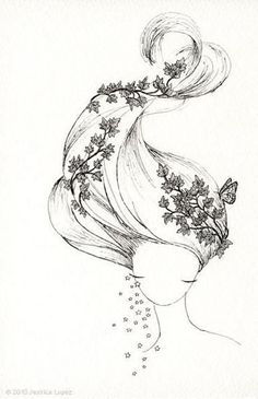 a drawing of a woman with flowers in her hair