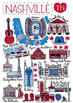 a poster with the words nashville in red, white and blue on it's map