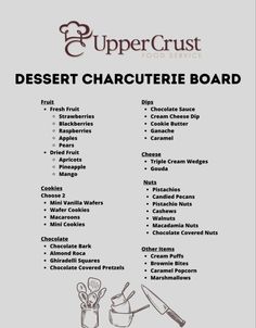 the recipe for desert charcuterie board is shown in black and white, with an image of utensils on it