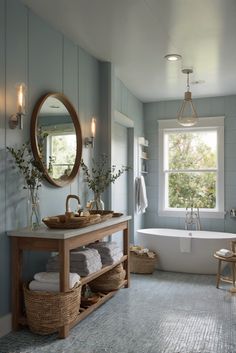 a bathroom with a tub, sink and mirror in it's centerpieces