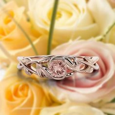 Demonstrate your commitment to your significant someone by this magnificent Gorgeous Boho & hippie 0.50 Carat Round Cut Morganite And Diamond Moissanite Leaf Inspired Engagement Ring, Wedding Ring in10k Solid Rose Gold, Gift For Her, Promise Ring, Anniversary Ring Size: 5.5.  Color: Red.  Gender: female.  Age Group: adult. Rose Gold Gifts, Ring Inspo, Gold Gift, Pretty Rings, Anniversary Ring, Ring Wedding, Morganite, Promise Ring, Boho Hippie