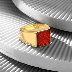 OTTASILVER 18K Gold Basic Ring with Red Zircon Red Rectangular Rings With Polished Finish, Rectangular Red Rings With Polished Finish, Red Rectangular Ring With Polished Finish, Red Rectangular Jewelry With Polished Finish, Red Square Cut Jewelry For Gift, Red Square Cut Jewelry Gift, Red Square Cut Gemstone Jewelry, Red Polished Finish Signet Ring As Gift, Red Square Cut Jewelry For Formal Occasions