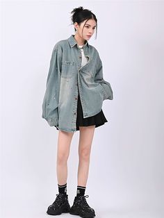 Show off your unique style with this Paint Splatter Oversized Denim Jacket. Perfect for any casual occasion, this fun and creative jacket is sure to bring out your inner fashionista. Crafted with a lightweight and comfortable fit, you'll have no problem flaunting it over any top, or even wearing it alone. The oversized cut makes it easy to pair with shorts or skirts, while the paint splatters add just the right amount of pizzazz. Don't hesitate to add this denim jacket to your wardrobe today!
Ge Denim Jacket With Shorts, Clothes For Short Women, Oversize Denim Jacket Outfit, Oversized Top Outfit, 80s Fashion Denim, Oversized Denim Shirt Outfit, Oversized Jean Jacket Outfit, Oversized Denim Jacket Outfit, Skirt Outfits Korean