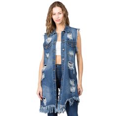 Long Denim Vest, Long Denim Jacket, Reworked Denim, Boyfriend Jacket, Diva Boutique, Distressed Jacket, Denim Shirts, Duster Jacket, Boutique Store