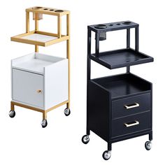 two black and white side tables on wheels with one drawer open, the other closed