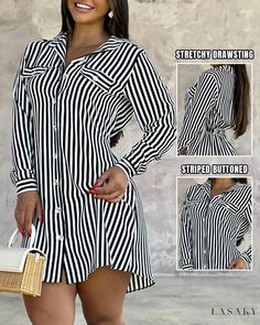 Lasaky - Classic Striped Long Sleeve Shirt Dress with Button Detailing Chic Type, Striped Long Sleeve Shirt, Long Sleeve Shirt Dress, Dress 100, Striped Long Sleeve, Stripes Design, Dress Fabric, Print Tops, Casual Chic