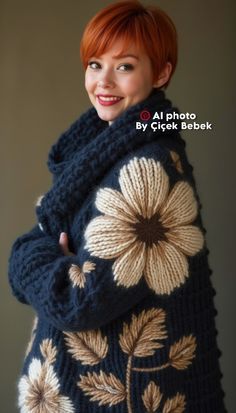 a woman with red hair is wearing a blue and white knitted sweater that has flowers on it