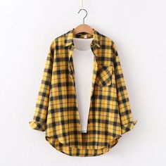 FREE SHIPPING Vintage Plaid Shirt Long Sleeve OUT0789 Oversized Plaid Shirts, Plaid Shirt Women, Red Plaid Shirt, Plaid Shirts, Loose Shirts, Plaid Fashion, Yellow And Black, Summer Fabrics, College Fashion