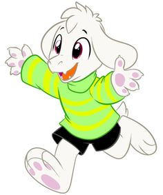 a cartoon rabbit with its arms out and eyes wide open, wearing a green striped shirt